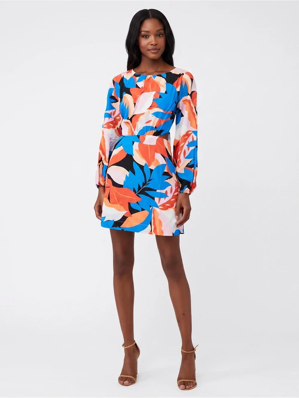 MINKPINK Lukas Viscose Tropical Leaf Tie-Back Puff Long Sleeve Mini Dress $139